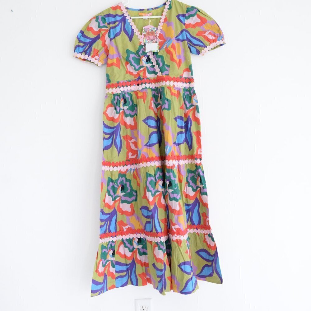 Briton Court Gigi Green Orange Floral Parrot Maxi Dress S